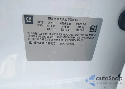 2015 Chevrolet Malibu 1Lz из США, поврежденный, VIN 1G11F5SL9FF118182